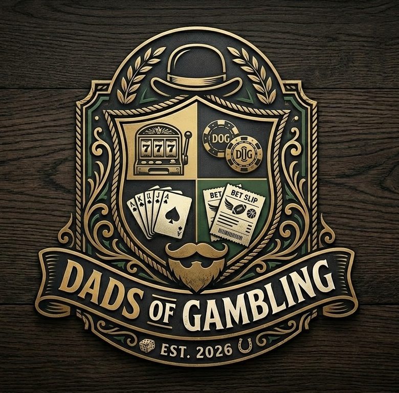 The Dads of Gambling crest — a gold and green heraldic shield quartered with a slot machine, poker chips, playing cards, and a bet slip, over a bowler hat and beard, est. 2026