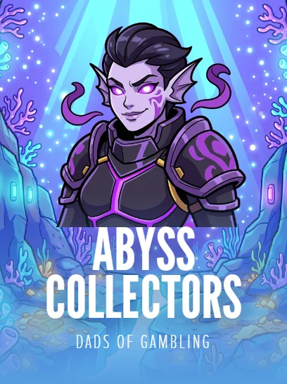 Abyss Collectors game tile — Captain Nyx, a violet merfolk captain in dark armour with glowing pink eyes and ink tendrils, in a bright bioluminescent underwater trench