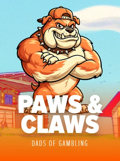 Paws & Claws game tile — a muscular cartoon bulldog in a backwards orange cap and spiked collar, arms folded, in front of a sunlit backyard