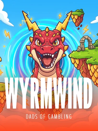 Wyrmwind game tile — a red dragon with golden lightning-bolt horns roaring in front of a blue vortex, with floating grass-topped islands in an orange storm sky